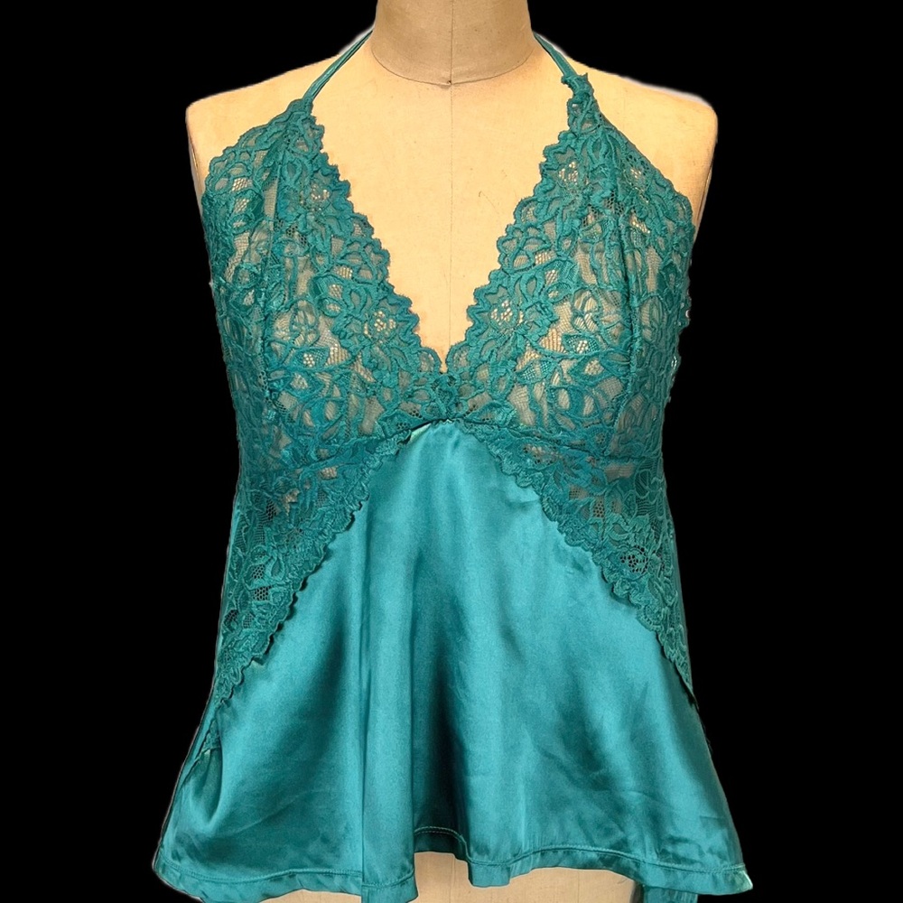VINTAGE lace negligee nighty lingerie halter tank top teal camisole backless y2k - Picture 3 of 11